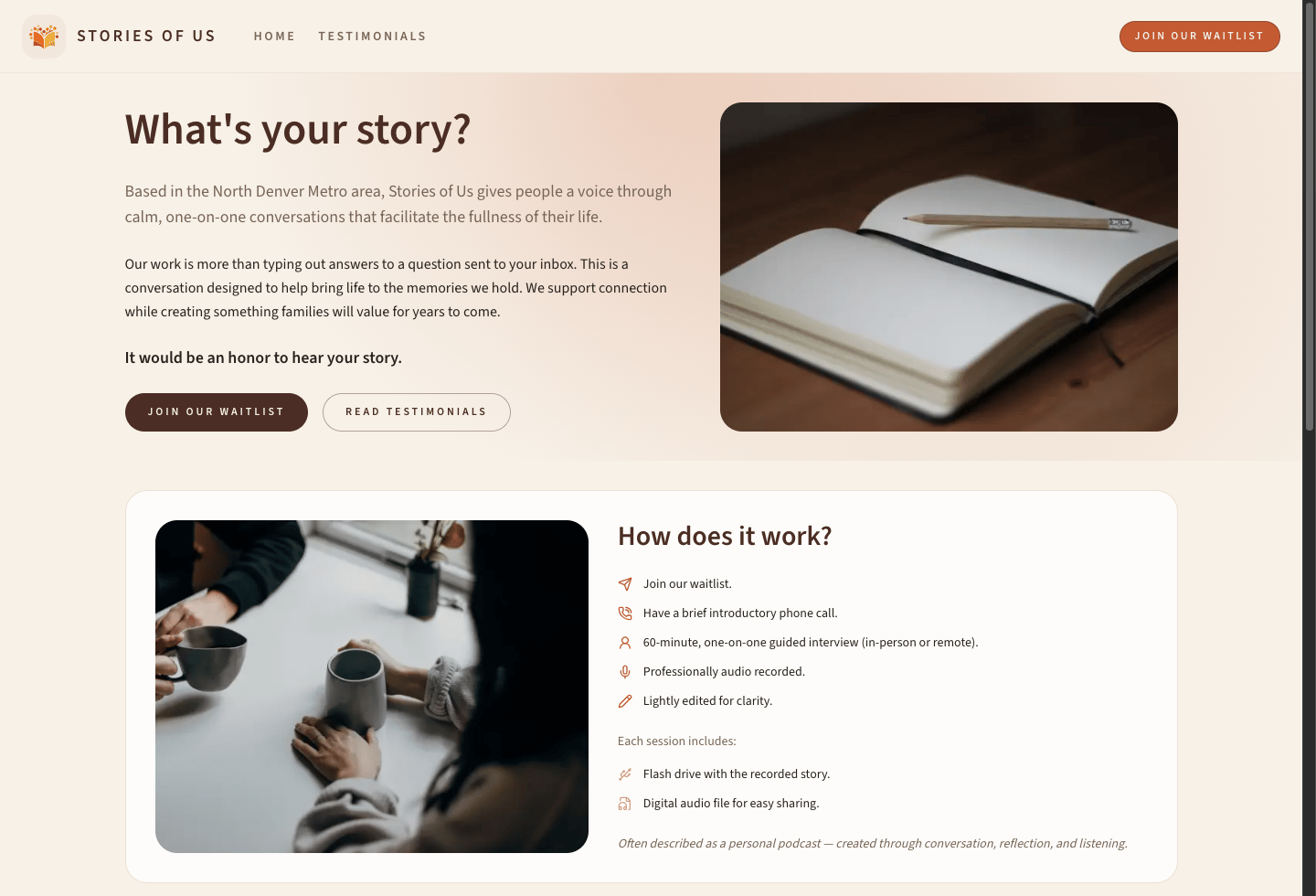 Stories of Us website homepage shown on desktop
